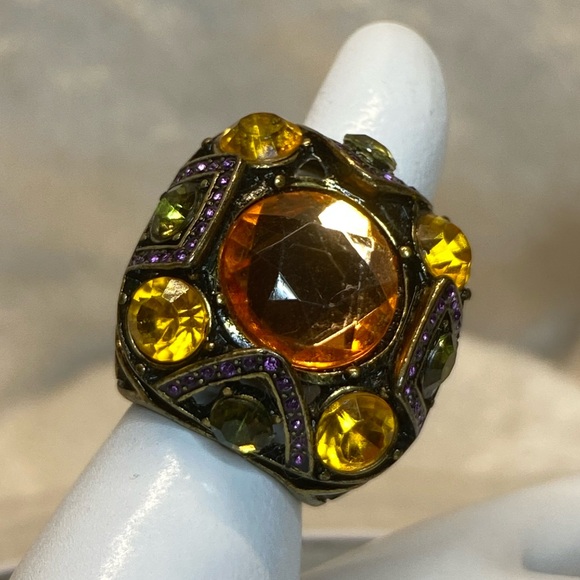 Vintage Large Antique Brass With Multicolored Glass Stones Cocktail Ring size 8 - Picture 4 of 8